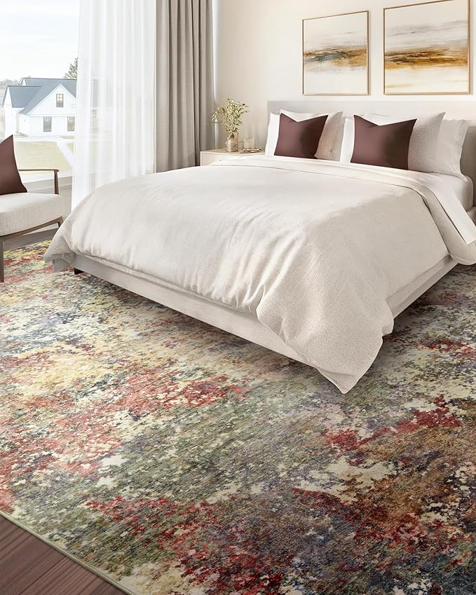 Washable Area Rug for Living Room: 8x10 Modern Abstract Neutral Soft Rug for Bedroom Dining Room No Slip Low Pile Carpet for Nursery Home Office - Red/Ivory