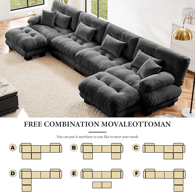173.2" Oversized Couch, 4 Seater Modular Sectional Sofa, Grey Large U Shaped Sectional Fluffy Couch Set, Chenille Cloud Couch with Ottoman, Deep Seat Sofas for Living Room