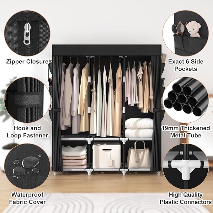 VTRIN Portable Closet Wardrobe for Hanging Clothes Closet with Cover, 3 Hanging rods, 6 Storage Shelves and Side Pocket, Diameter 19mm Metal Pipe, Sturdy Free Standing Closet for Bedroom, Black