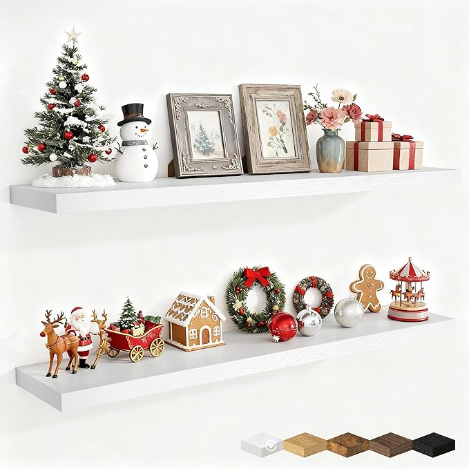 Fun Memories 48 Inch Deep Floating Shelves for Wall, 2 Pack of Long Wall Mounted Wood Shelves with Invisible Brackets for Bathroom, Bedroom, Living Room, Kitchen Decor and Storage, White