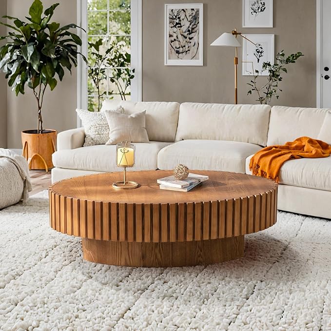 Fluted Coffee Table 43.3" Oval Wooden Coffee Tables Modern Handcraft Drum Coffee Table with Solid Wood Relief Sturdy Pedestal Accent Table for Living Room Home Office,Wood Color