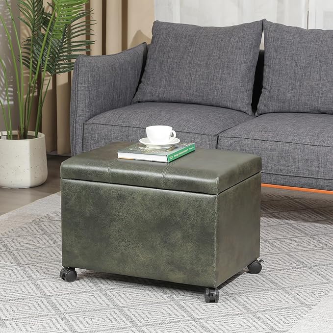 Joveco 24" Faux Suede Storage Ottoman Bench with Wheels, Rectangle Foot Rest Stool for Living Room, Bedroom, Entryway, Moss Green