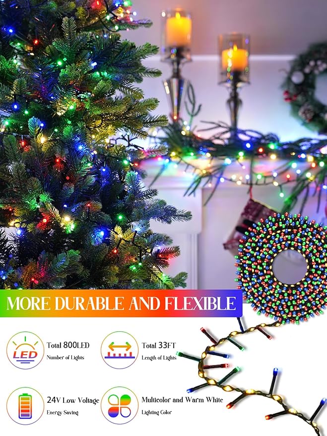 2025 New Christmas Cluster Lights 800LED with Flowing Twinkling, Firecracker Fairy Lights with 15 Modes & Timer, Waterproof Christmas String Lights for Indoor Outdoor Xmas Tree Party Garden Multicolor