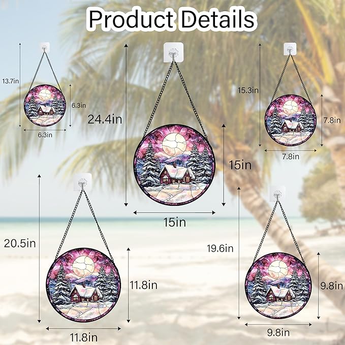 Stained Glass Window Hanging - Winter Snow Scene Cabin Moon Sun Catcher for Door Garden Home Decor Pine Tree Suncatcher Christmas Mother's Day Birthday Gifts for Women Men Mom Nana 6.3 in