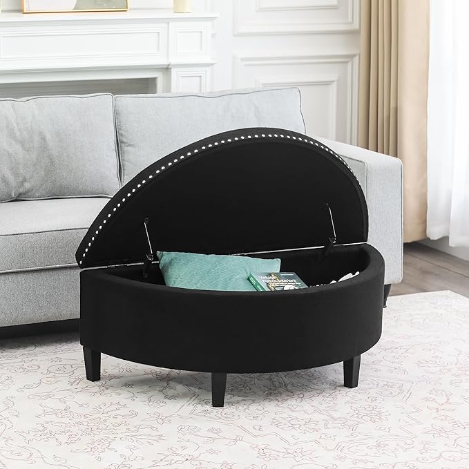 Homebeez 43" Half Moon Storage Ottoman Bench, Grainy Linen Fabric End of Bed Storage Chest with Nailhead Trim for Entryway Living Room,Dark Black