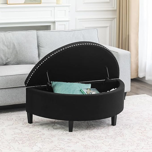Homebeez 43" Half Moon Storage Ottoman Bench, Grainy Linen Fabric End of Bed Storage Chest with Nailhead Trim for Entryway Living Room,Dark Black