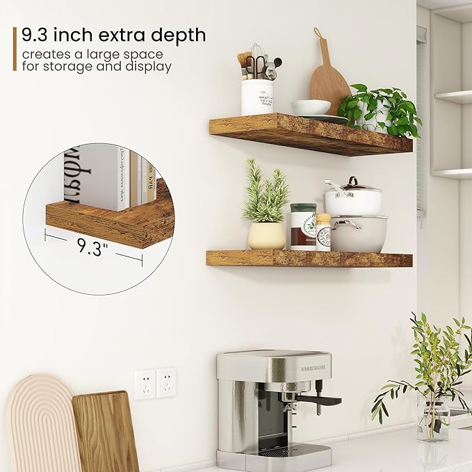 Fun Memories 32Inch Floating Shelves, 9.3Inch Deep Rustic Wall Shelves - Extra Deeper & Thicker Wall Mounted Storage Shelf for Kitchen, Farmhouse - 32" W x 9.3" D x 1.5" H - Set of 2 - Rustic Brown