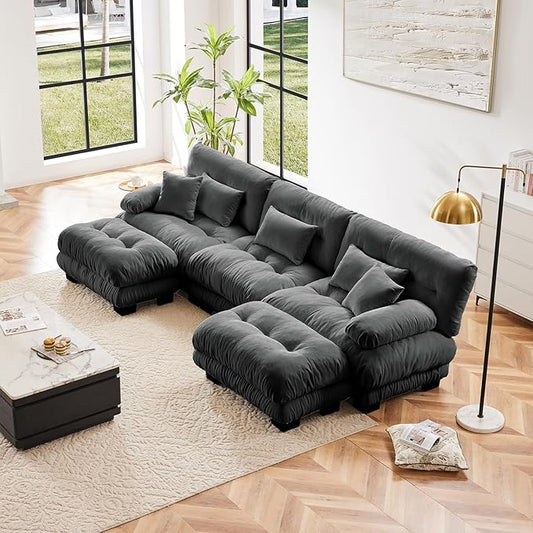 133.8" Oversized Couch, 3 Seater Modular Sectional Sofa, Grey Large U Shaped Sectional Couches for Living Room, Fluffy Couches Set, Chenille Cloud Couch with Ottoman, Sofas for Living Room