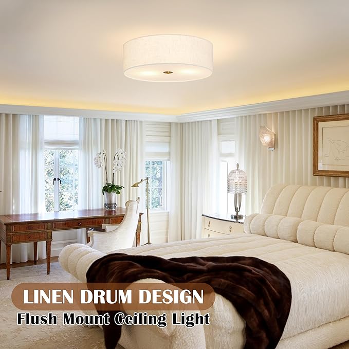 15.7 Inch Flush Mount Ceiling Light Fixture 3-Light Drum Modern Gold Ceiling Light Fixture Dimmable Close to Ceiling Light Fixture with Fabric Shade for Living Room Hallway Entryway Kitchen Bedroom