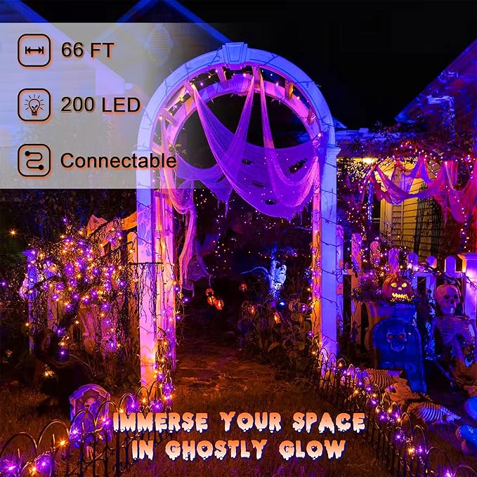 Halloween String Lights for Outside, 200 LED 66 FT String Lights with 8 Lighting Modes & Timer, Indoor Outdoor Halloween Decorations for Patio Yard Fence Deck Balcony Garden Decor (Purple & Orange)