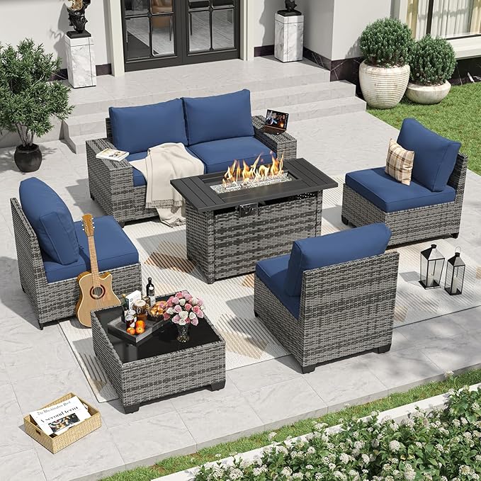 Aoxun 7 Pieces Patio Furniture Set with 44” Fire Pit Table Wicker Rattan Outdoor Sectional Conversation Set with Coffee Table and 4” Thickened Cushions, Gray/Blue(Waterproof Cover Included)