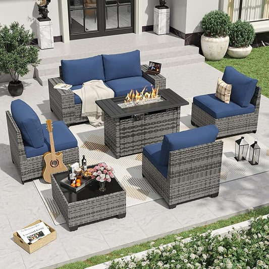 Aoxun 7 Pieces Patio Furniture Set with 44” Fire Pit Table Wicker Rattan Outdoor Sectional Conversation Set with Coffee Table and 4” Thickened Cushions, Gray/Blue(Waterproof Cover Included)