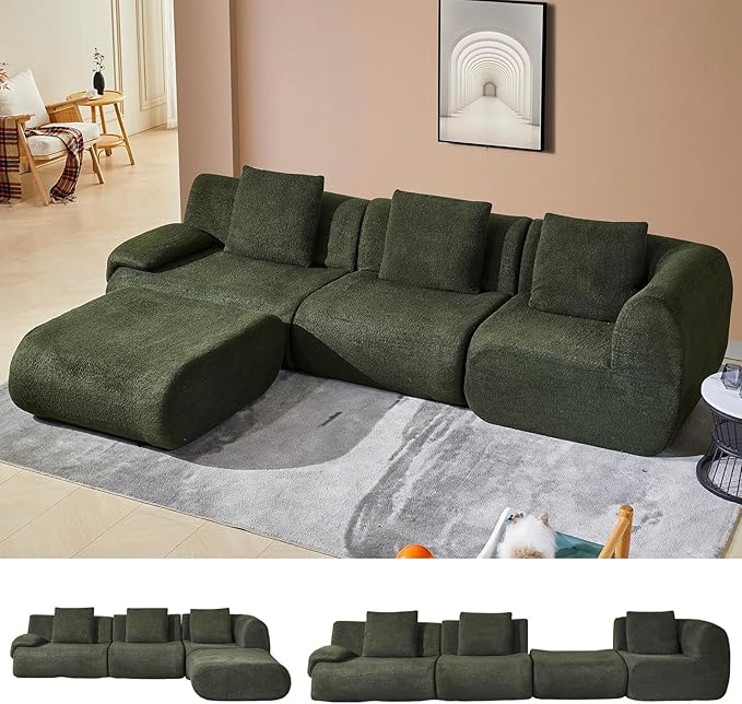 118" Modular Sectional Sofa with Movable Ottoman, 3-Seater Modern Teddy Velvet L-Shaped Couch, Convertible Cloud Sofa for Living Room, Sectional Boneless Couch