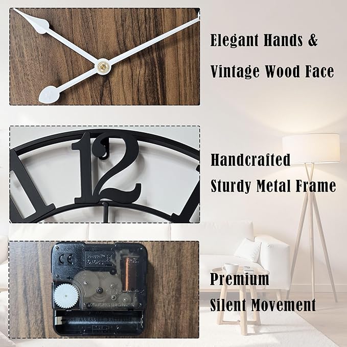 Large Metal Wall Clock, 30 Inch Retro Decorative Silent, Non Ticking, Battery Operated Modern Big Wood Wall Clock for Living Room, Farmhouse, Bedroom, Fireplace, Kitchen, Office, Home Decor