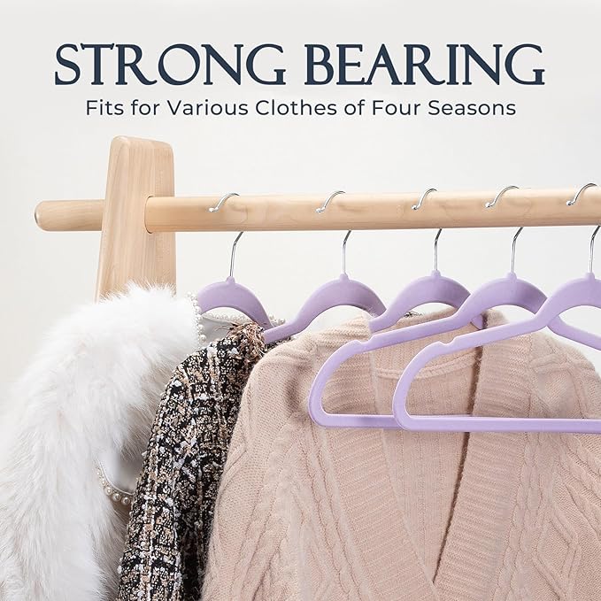 HOUSE DAY Lt-Purple Velvet Hangers 60 Pack, Non Slip Clothes Felt Hanger Heavy Duty for Coat, Premium Slim Space Saving Suit Hangers for Closet Organizer, 360° Rotating Silver Hook