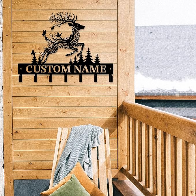 Personalized Custom Name Forest Deer Wall Keys Hooks,Metal Forest Deer Art Clothes Hooks,Metal Forest Deer Wall Home Storage Decorative,For Front Door, Hallway, Kitchen, Bedroom,Keys,Hats (Style F)