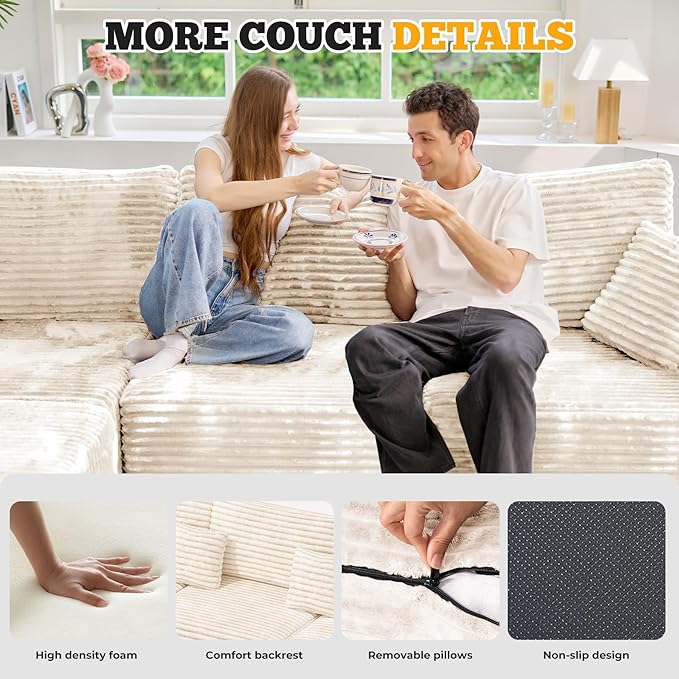 146" Modular Sectional Sofa, Convertible U-Shaped Cloud Couches for Living Room with Ottoman, 6 Seater Corduroy Boneless Couch Sofa Set, No Assembly Required, Beige 1 PCS