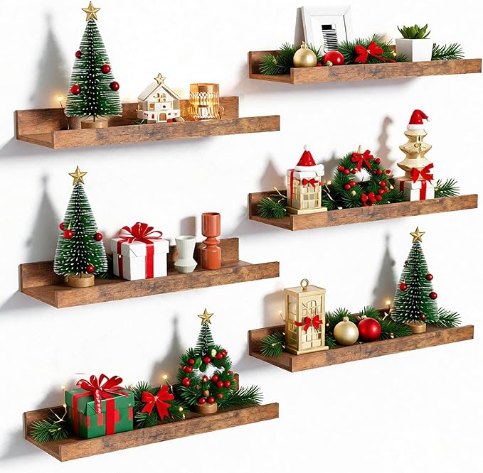 upsimples Floating Shelves for Wall, Wall Shelves for Decor Storage Set of 6, Wall Mounted Wood Shelf for Bedroom, Living Room, Bathroom, Kitchen, Picture Ledge Shelf, Brown
