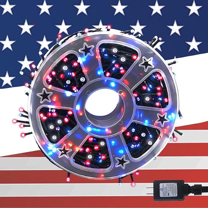 Kwaiffeo Red White and Blue Lights: 164FT 500LED 8 Modes String Lights for 4th of July Decorations Outdoor - Patriotic Light for Independence National Memorial Day Decor, UL Plug