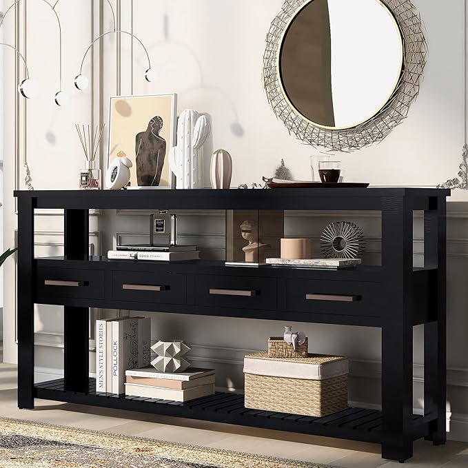 Modern Console Table 62-Inch Long Narrow Entry Sofa Table with Storage Shelves & Drawers for Living Room Entryway (Black)