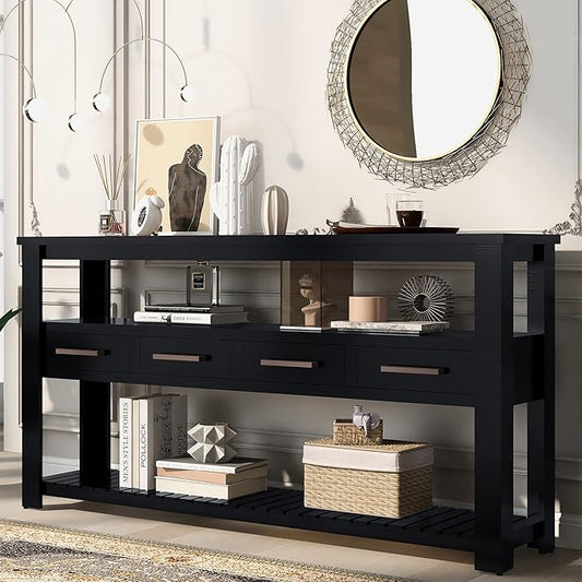 Modern Console Table 62-Inch Long Narrow Entry Sofa Table with Storage Shelves & Drawers for Living Room Entryway (Black)