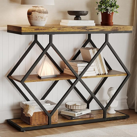 Garvee 3-Tier Entryway Table, Industrial Console Sofa Table with Storage, Accent Tables with Open Shelves, Diamond-Shaped Metal Frame, Foyer Tables for Entryway, Hallway, Rustic Brown