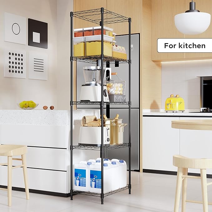 5 Tiers Shelf Metal Storage Shelves Wire Rack Closet Organizers with Wheel for Garage Kitchen Bathroom Laundry Black 11.8" D x 17.7" W x 55" H