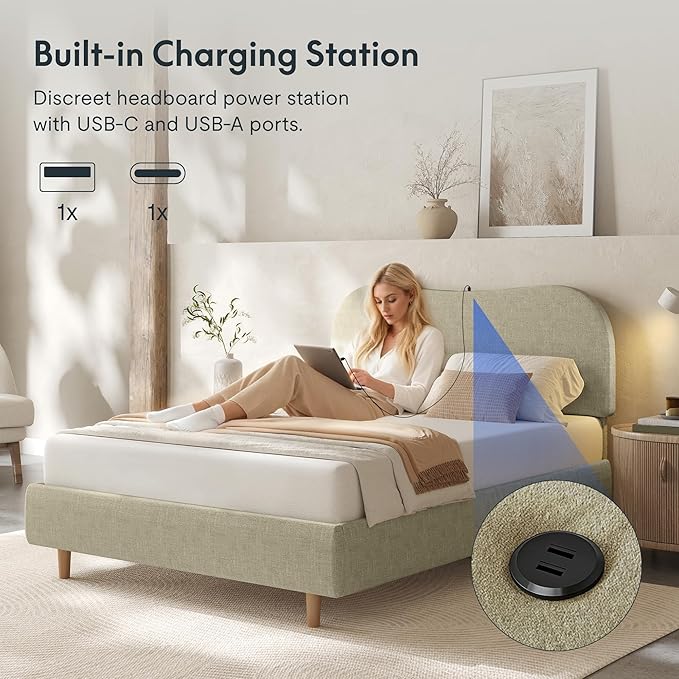 FlexiSpot Queen Size Linen Bed Frame, Upholstered Cloud Platform Bed with Adjustable Headboard, Plush Padding, Solid Wood Legs, Bonus LED Wall Light Included, No Box Spring Needed, Easy Assembly, Sage