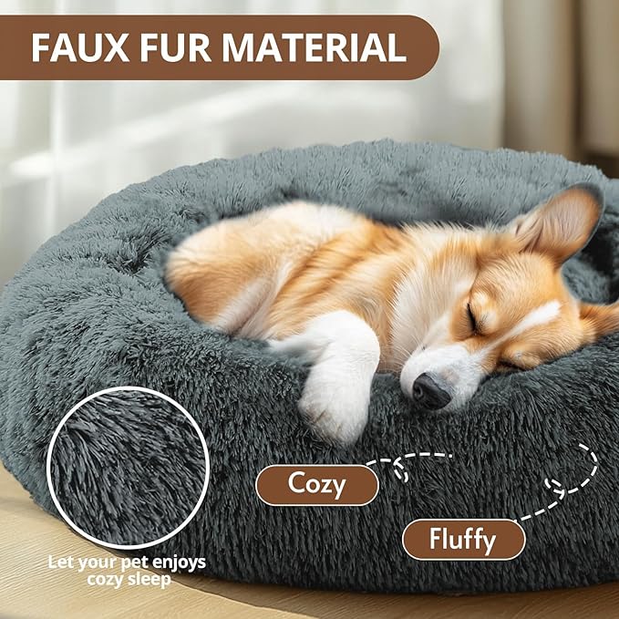JOLLYVOGUE Calming Dog & Cat Bed for Small Dogs, Anti-Anxiety Donut Cuddler Cozy Soft Round Bed with Anti-Slip Bottom, Fluffy Faux Fur Plush Cushion Beds for Small Medium Dogs (23")