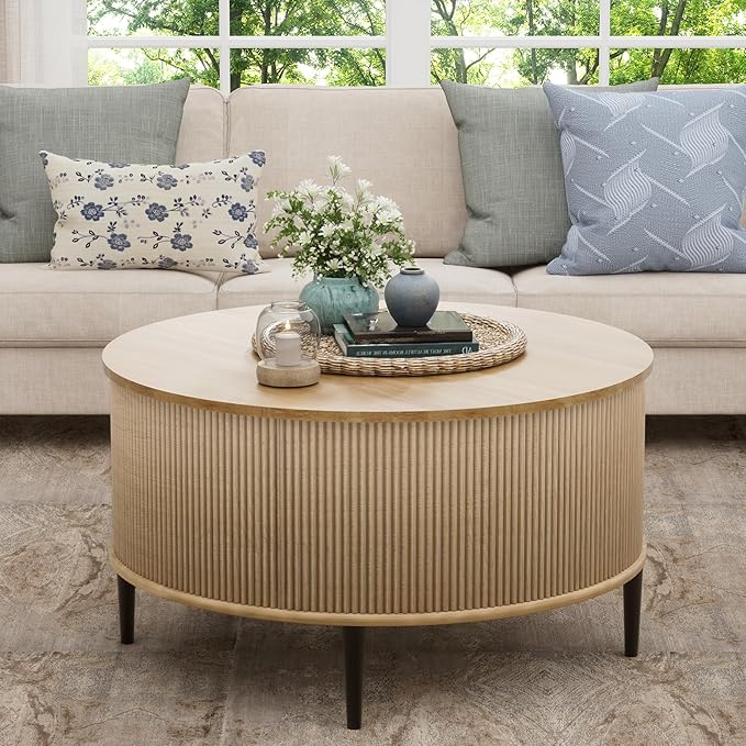 Yechen Round Coffee Table with Storage, 31.5" Flip-top Fluted Center Table, Midcentury Modern Lift Top Curved Table for Living Room,Natural