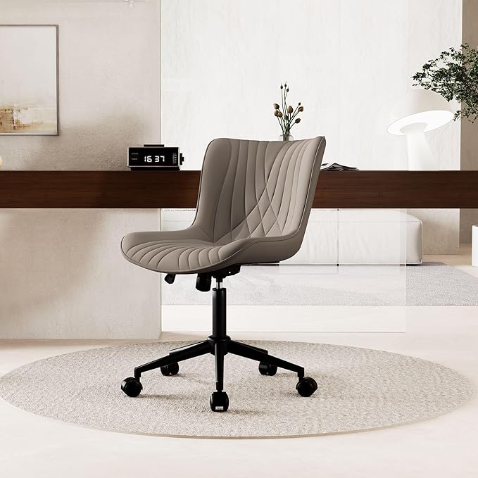 YOUNIKE Office Chair, Desk Chair with Wheels, Home Office Computer Task Chairs, Modern Faux Leather Padded Vanity Chair, Adjustable Swivel Armless Office Chairs with Back, Khaki