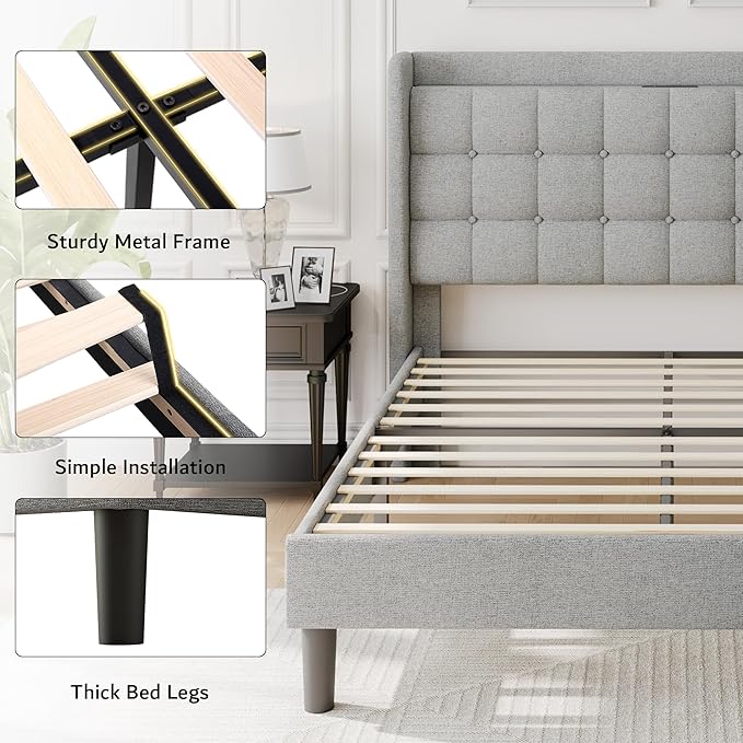 iPormis Queen Bed Frame with Charging & Storage, Upholstered Platform Bed with Button Tufted Wingback Headboard, Heavy-Duty Foundation, No Box Spring Needed, Light Grey