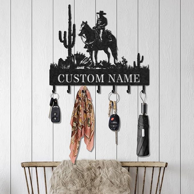 Personalized Key Holder for Wall, Custom Metal Cowboy Key Hooks with Name, Meta Jacket Holder Hooks Organizer Rack, Jacket Hanger Decor for Kitchen, Entryway, Hallway, Office, Doorway
