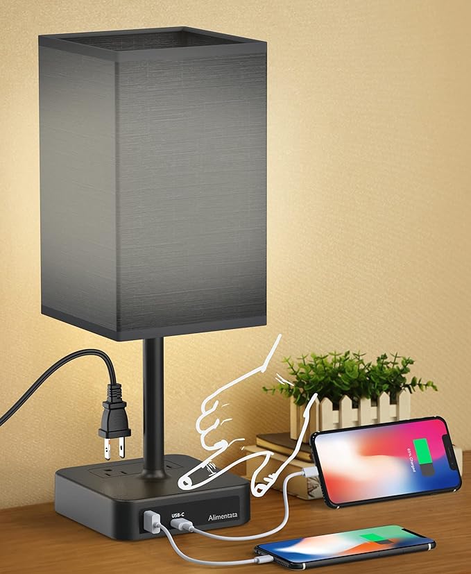 Bedside Table Lamp with Touch Control & USB C+A Charging Ports LED Desk Lamp with 2 AC Outlets, Minimalist Nightstand Light with Black Fabric Shade for Bedroom, Living Room, Office, Black