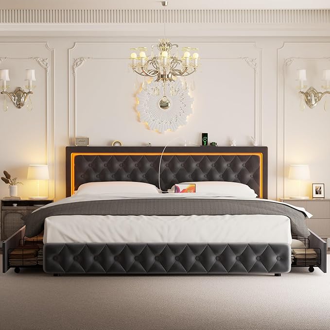 Queen Bed Frame with 4 Storage Drawers, Velvet Upholstered Bed Frame Queen Size with Charging Station and LED Lights, 46" Adjustable Button Tufted Headboard, No Box Spring Needed, Grey