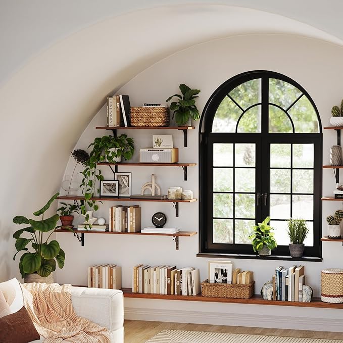 DINZI LVJ Long Wall Shelves, 47.3" Large Floating Shelves Set of 4, Farmhouse Display Shelf Wall Mounted with Heavy Duty Brackets, Easy Assembly for Kitchen, Bathroom, Bedroom, Balcony, Rustic Brown