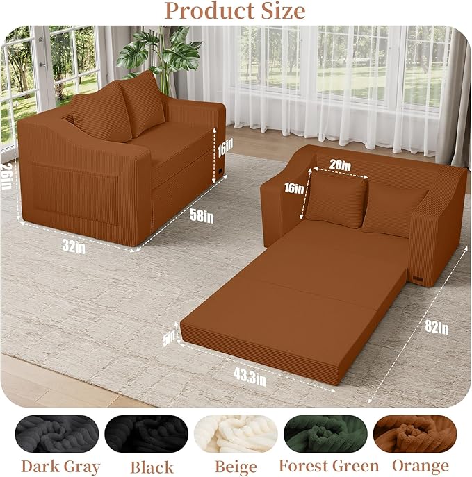MeMoreCool Convertible Sofa Bed, Pull Out Loveseat Sofa Sleeper Couch for Bedroom Living Room Lounge, 2 in 1 Small Couch Bed with Pillow, Foldable Love Seat Futon Corduroy Orange