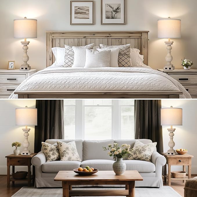28" Tall Farmhouse Table Lamps Set of 2 with USB C+A Ports and AC Outlet, 3 Way Touch Tall Rustic Bedside Lamps for Living Room, Beige Vintage Lamps for Bedroom