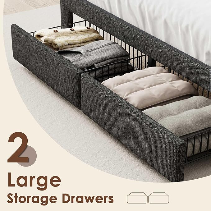 LED King Size Bed Frame with 2 Storage Drawers, Upholstered King Bed Frame with Headboard and Charging Station, No Box Spring Needed, Easy to Assembly-Dark Grey