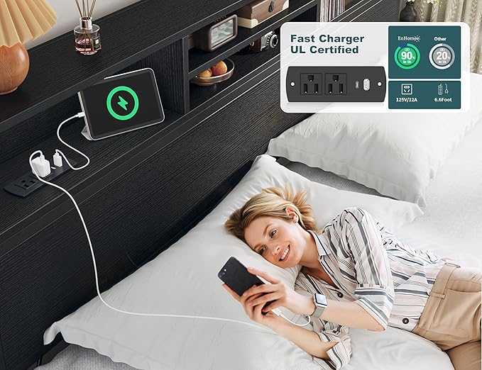 EnHomee King Size Bed Frame with 6 Storage Drawers King Bed Frame and Headboard, Storage Bed with Charging Station, No Noise,No Box Springs Needed,Black