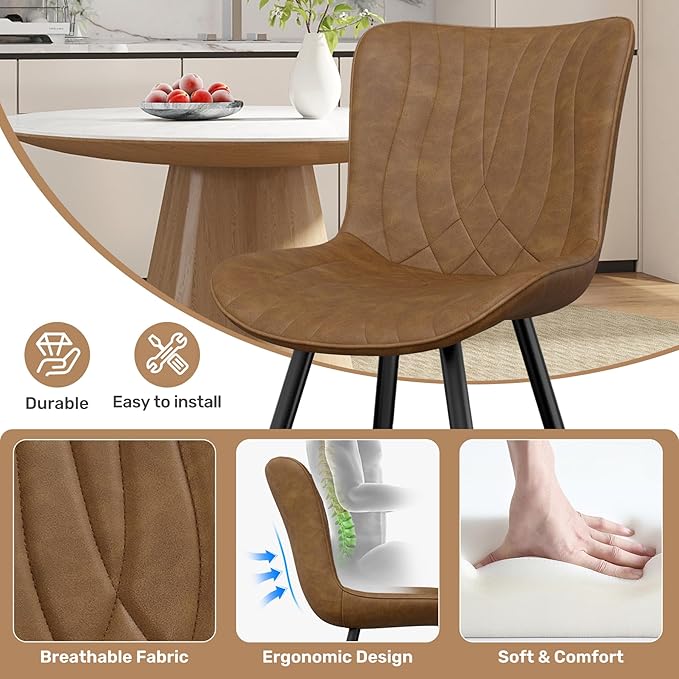 Dining Chair Set of 2 PU Leather Dining Room Chairs Upholstered Comfy Dining Chairs Modern Kitchen Armless Side Chair with Sturdy Metal Legs,Brown