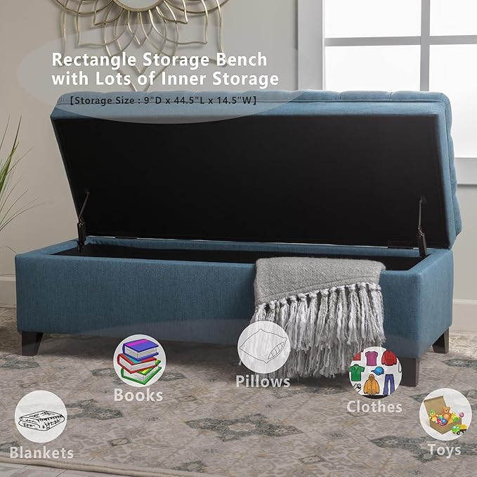 Setawix Linen Storage Benches for Bedroom,50" Bed End Bench with Storage,Tufted Blue Storage Ottoman Bench for Living Room,Rectangle Entryway Benches with Storage and Seating (Blue, Linen)
