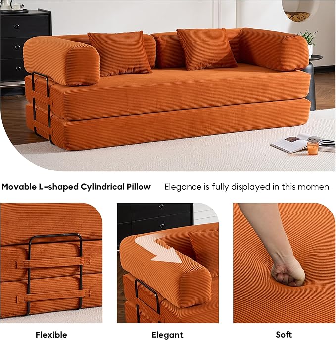 Convertible Folding Couch Bed, Comfy Corduroy Sleeper Floor Sofa Bed with Fixed-Shape Frame, Floor Sofa with Armrest, Lounge Couch for Living Room Bedroom Lounge Studio, Orange