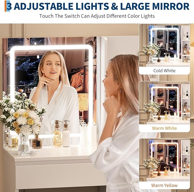 GarveeHome Vanity Desk with Mirror and Lights - Modern Makeup Dressing Table with Outlets, Storage Stool, 4 Drawers & Hair Dryer Holder - 3 Colors LED Vanity Mirror, Vanities for Bedroom, White