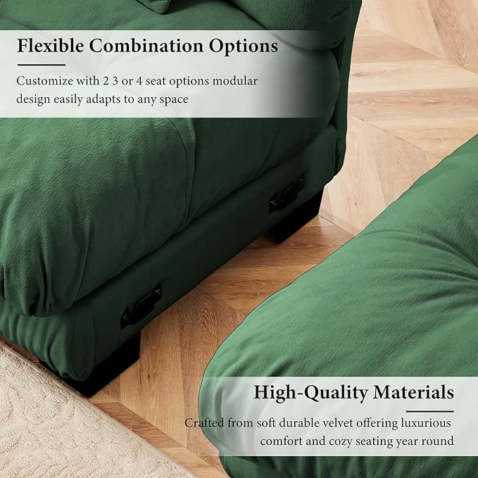 94.4” Oversized Loveseat Sofa, 2 Seater Modular Sectional Sofa, Green Large Sectional Couches for Living Room, Fluffy Chenille Fabric Cloud Couch with 4 Pillows, Deep Seat Sofas