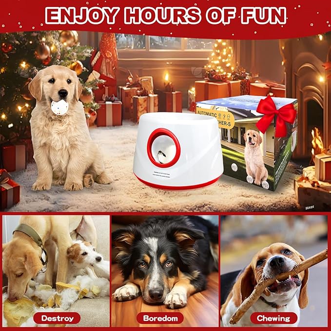 Automatic Ball Launcher for Dogs, Dog Ball Thrower with 19-32-45Ft Distance, Rechargeable Automatic Launcher with 6 Balls (2.2"), Dog Ball Launcher for Small & Medium Red
