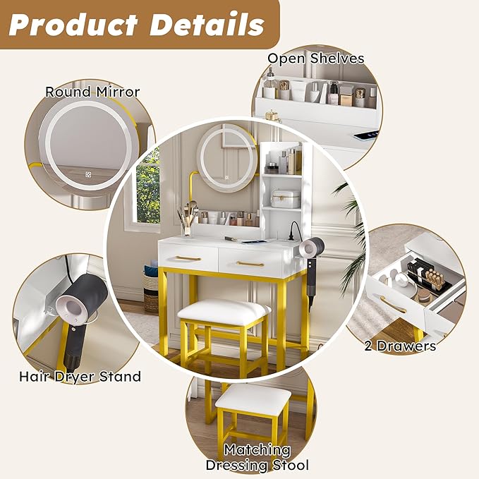 Ball & Cast Vanity Desk with Mirror & Power Outlet,3 Dimmable Colors Light Small Makeup Vanity Table Set with 2 Large Drawers & Chair,Adjustable Brightness Dressing Table for Women Girls Bedroom