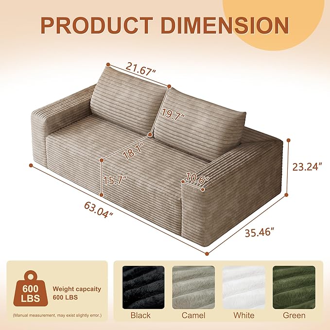 63" Corduroy Loveseat Sofa, 2-Seater Cloud Couch, Boneless Couch in a Box, Comfy Deep Seat Sofa with Memory Foam, Pillows and Wide Armrests, Modern Small Couches for Small Spaces, No Assembly (Camel)