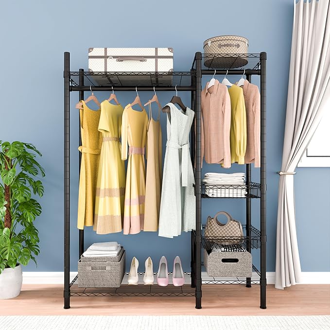 Xiofio 6 Tiers Heavy Duty Clothes Rack,Metal Clothing Rack, Adjustable Clothing Rack with Hanging Rod and Wire Fixing Baskets,Max Load 600LBS,Black