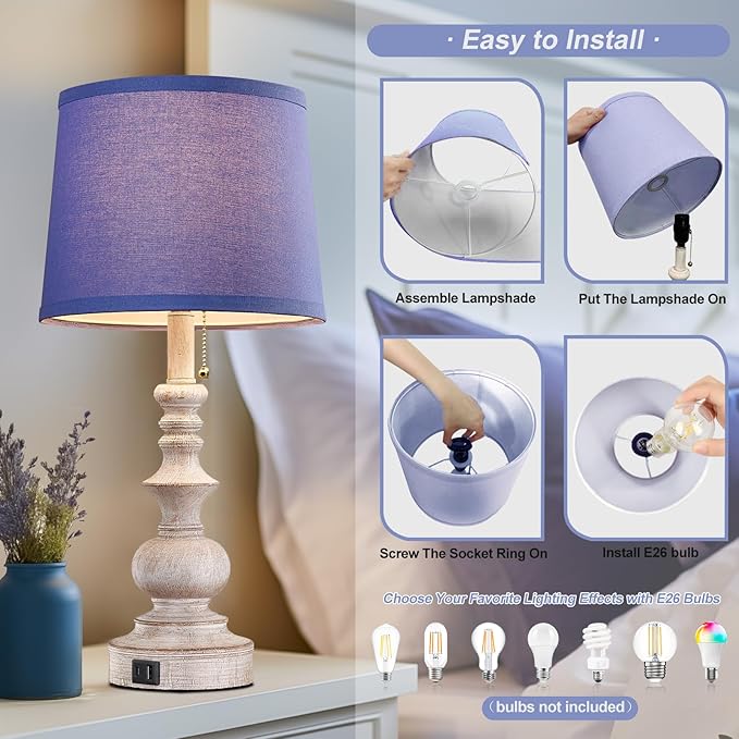 22'' Farmhouse Bedroom Table Lamps Set of 2 Bedside Nightstand Lamps with USB A/C Charging Ports Small Side Table Lamps for Living Room End Tables, Wooden Finish, Blue Shade, Bulb Not Included